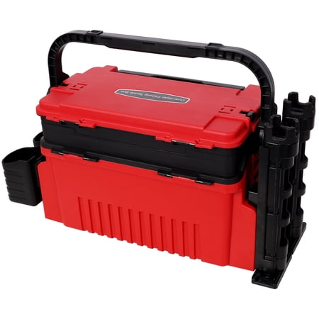 Large Dual-layer Fishing Tackle Box with Rod Holders and Cup Holders Red Plastic Portable Tackle Box Organizer for Fishing Trips 22.5x9x13 Inches