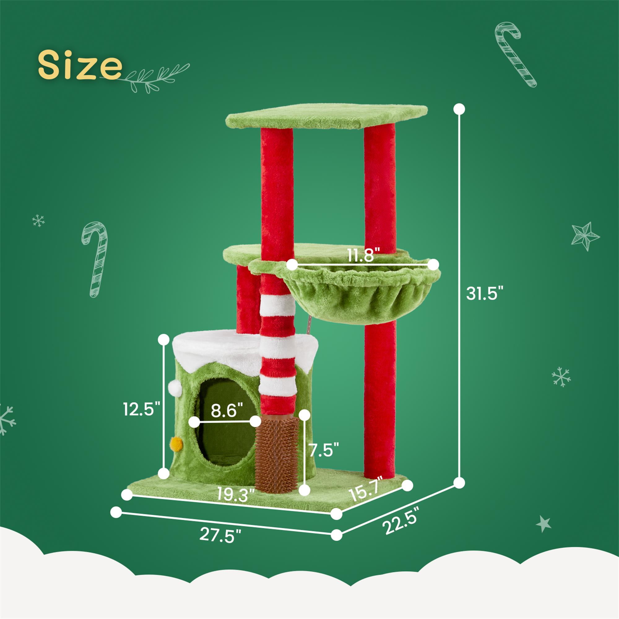 Kadyn 32" Cat Tree with Cat Massage Brush, Cat Tower with Sisal-Covered Scratching Post, Cat Condo and Hammock, for Small Spaces, Kittens, Green