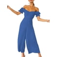 thumbnail image 3 of SAYOO Women Loose Jumpsuit, Solid Color V-neck Puff Short Sleeve Wide Leg One-piece Clubwear for Summer, 3 of 9