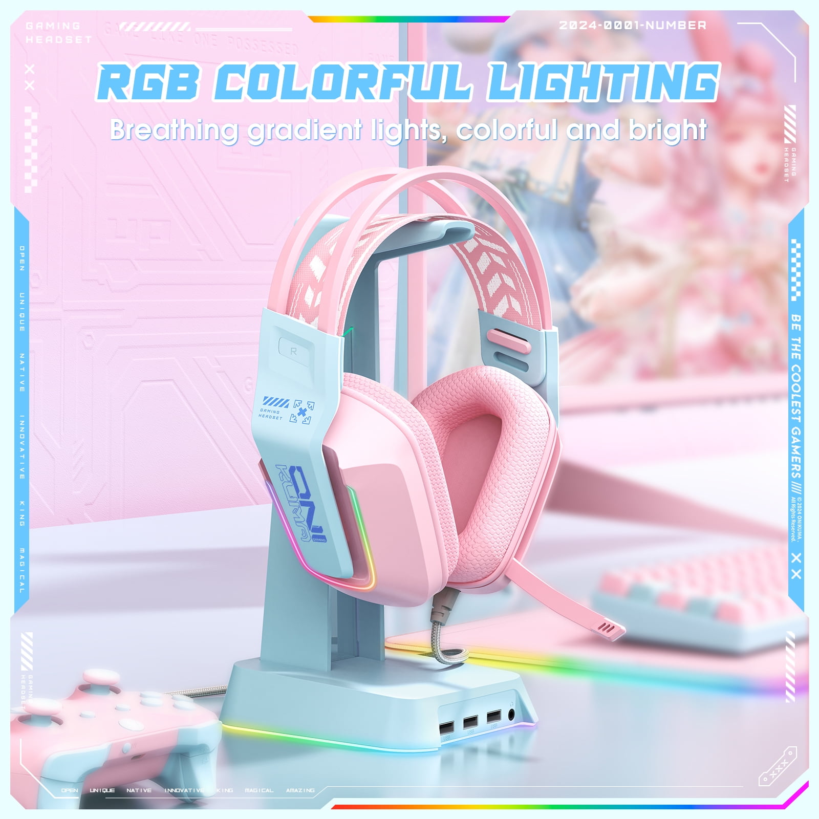 Gaming Headset with Mic for PC PS4 PS5 Xbox One Switch,Gamer Headphones Video Game Computer Gaming Headsets with Noise Cancelling Microphone Gaming Head Set Laptop Accessories,Pink