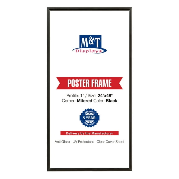 M&T Displays Snap Poster Frame 24x48 Inch Black 1" Aluminum Front Loading Wall Mounting Picture Photo Document Certificate Sign Holder Mitered Corner Anti Glare Cover