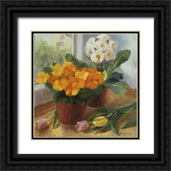 Strube, Ling 26x26 Black Ornate Wood Framed with Double Matting Museum Art Print Titled - Primrose and Tulip