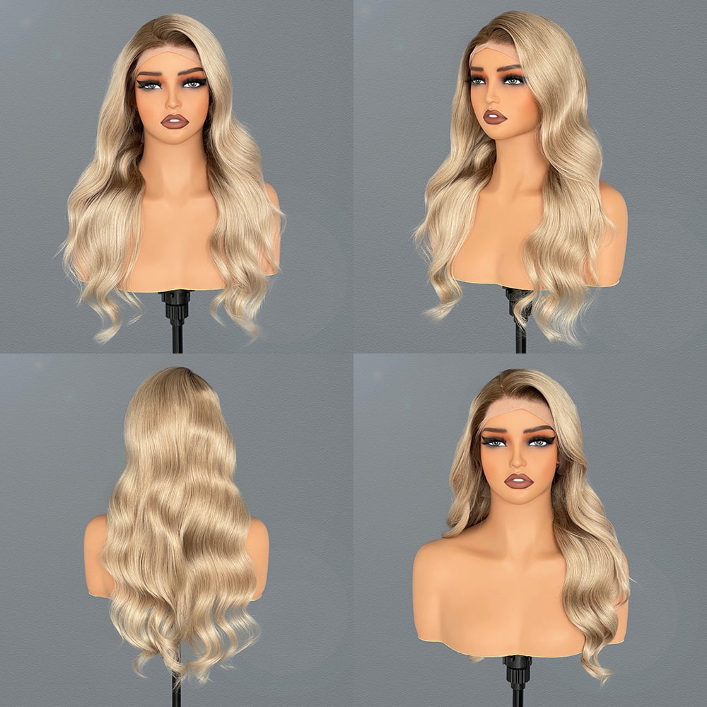 Balayage Milk Tea Ash Blonde Highlight Brazilian Remy Human Hair Wig 13x4 Body Wave Mini Knots HD Transparent Lace Front Wigs Human Hair 180% Density Pre Plucked Natural Hairline Human Hair Wig