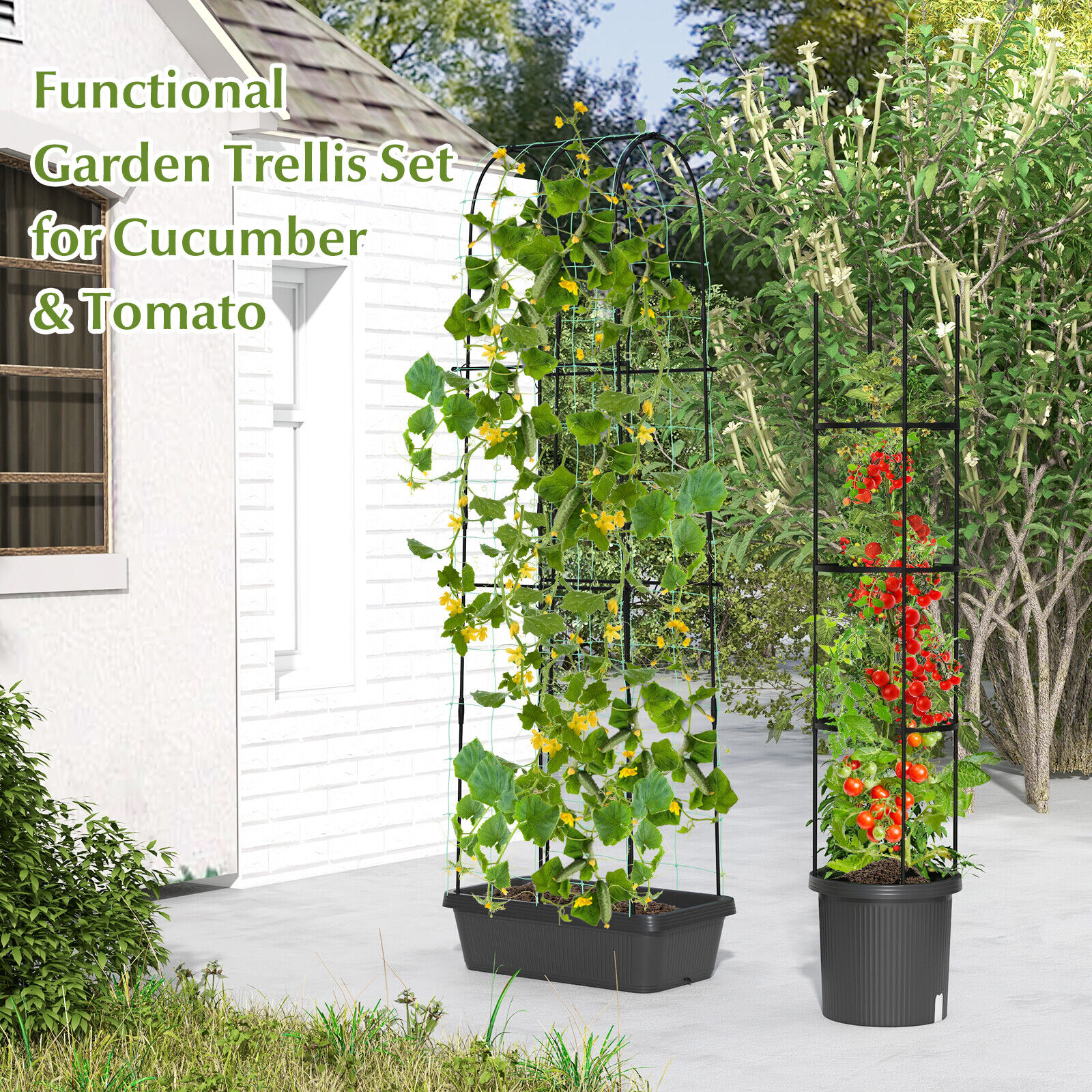 Amijoy 2-Pack Garden Trellis, 58.5" Tomato Cage & 71" Cucumber Trellis w/ Planter Box, Self-Priming Irrigation, Adjustable Height