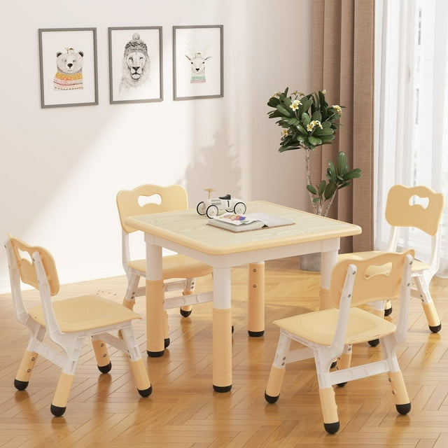 Ensemble de Table Réglable pour Enfants et 4 Chaises - Plateau à Motif de Graffitis, Conception Sûre et Lisse, Usage Polyvalent - Mobilier pour Tout-Petits pour la Maison, la Salle d'Étude, la Salle de Jeux - Couleur Bois, comme Montré