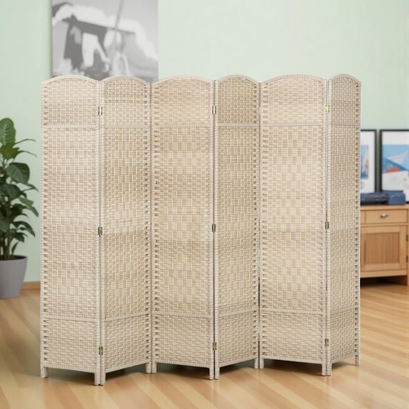HOMCOM 6 Panel Room Divider, 6' Tall Folding Privacy Screen, Hand-Woven Freestanding Wood Partition for Home Office, Bedroom, Washed Oak