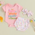 thumbnail image 2 of Bagilaanoe 3pcs Newborn Easter Outfits Baby Girl Shorts Set Short Sleeve Romper Tops + Shorts + Headband 3M 6M 12M 18M Infant Casual Summer Clothes, 2 of 8