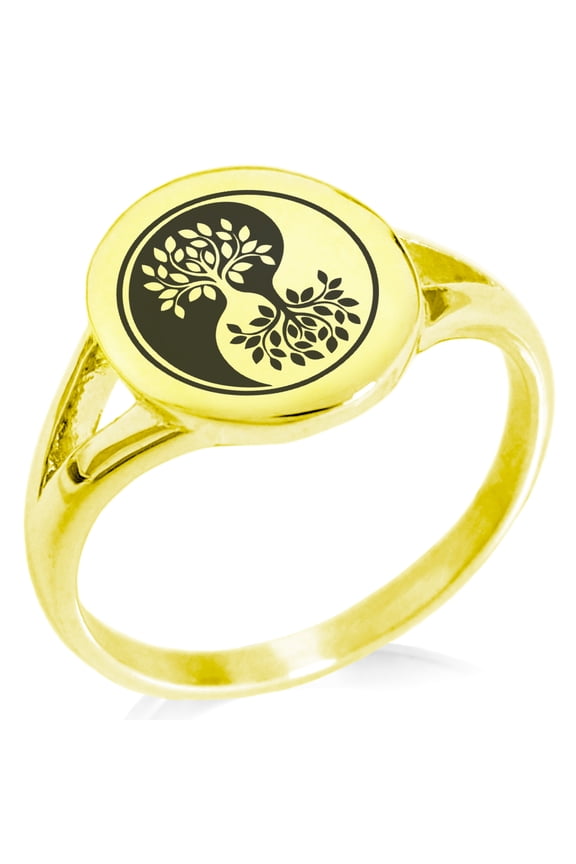 Stainless Steel Tree of Life Yin Yang Minimalist Oval Top Polished Statement Signet Ring