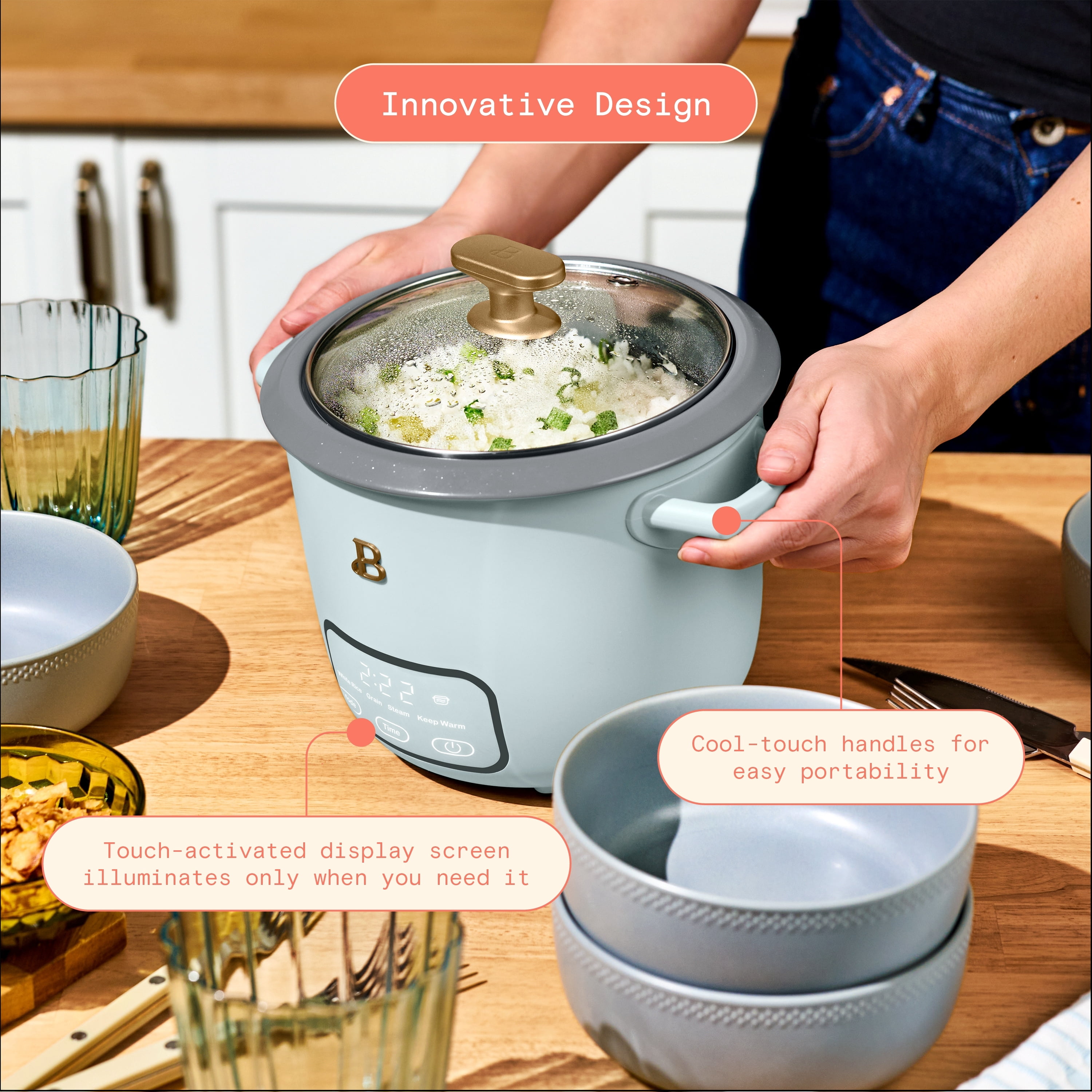 Beautiful 6-Cup Cooked, 3-Cup Uncooked Digital Electric Rice and Grain Cooker with Glass Lid, Hydrangea by Drew Barrymore