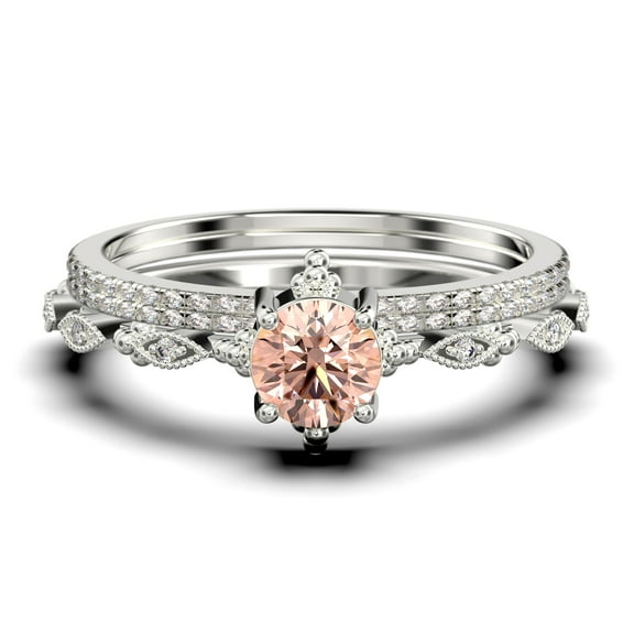 Dazzling Boho & hippie 2.25 Carat Round Morganite And Diamond Moissanite Engagement Ring, Wedding Ring in 925 Sterling Silver With 18k White Gold Plating, Affordable Gift, Trio Set, Matching Band