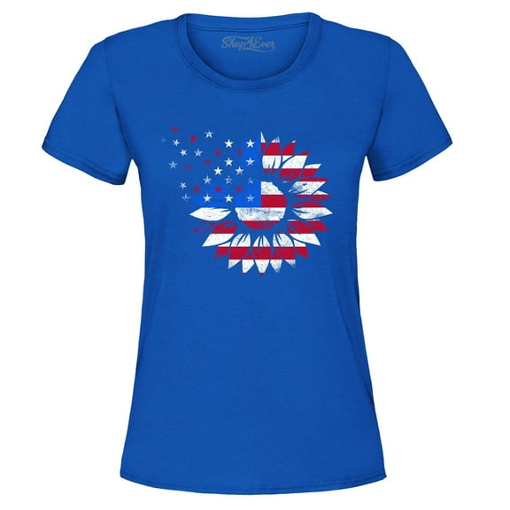 Shop4Ever Women's American Flag Sunflower Flower Star 4th of July Graphic T-Shirt X-Large Royal Blue