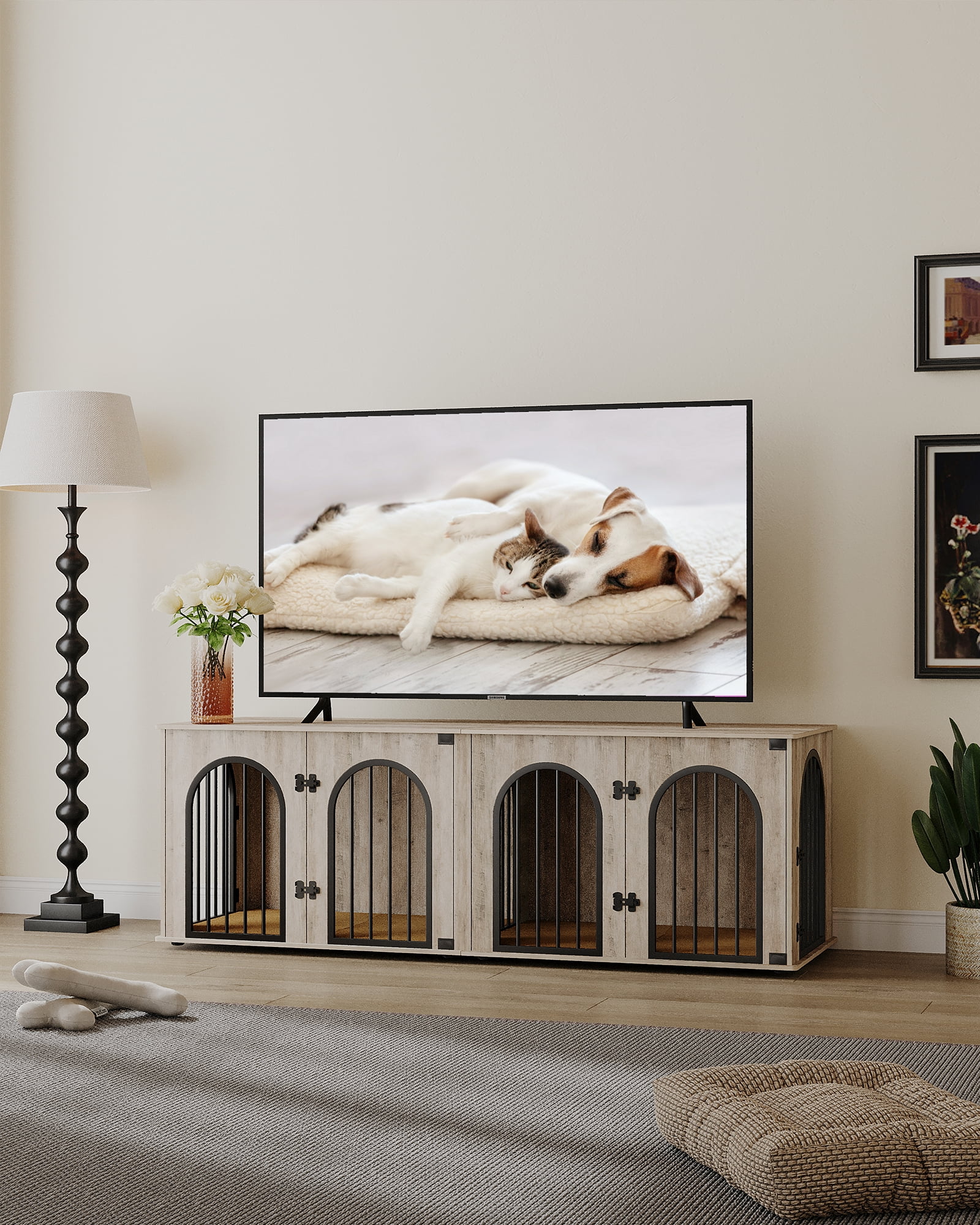 Dog Crate Furniture, 71" Heavy Duty Dog Kennels with Divider, Pads, Side Table, TV Cabinet