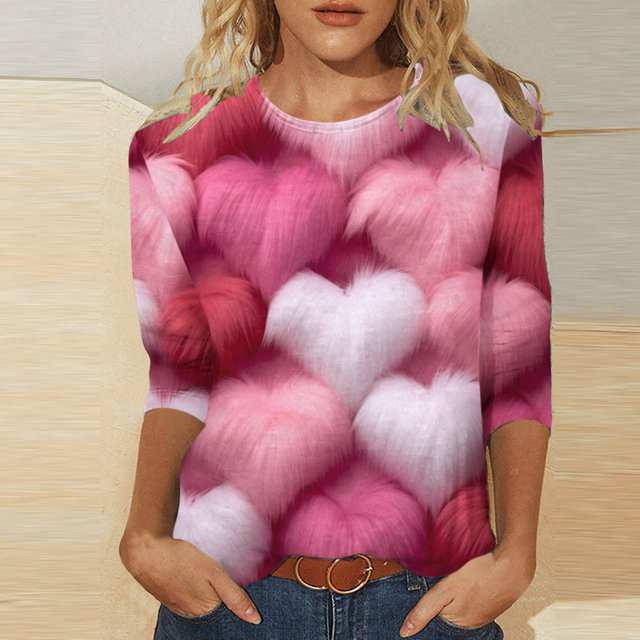 Qertyioot Chemise Ample à Manches 3/4 pour Femmes T-shirts Imprimés Mode Saint-Valentin Col Rond Hauts Décontractés