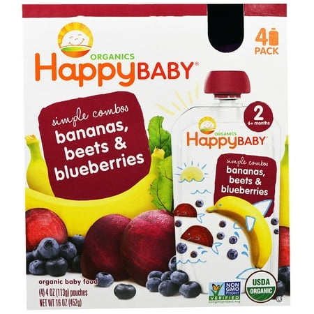 Nurture Inc. (Happy Baby), Organic Baby Food, Stage 2, Simple Combos, Bananas, Beets & Blueberries, 4 Pouches - 4 oz (113 g) Each(pack of 12)