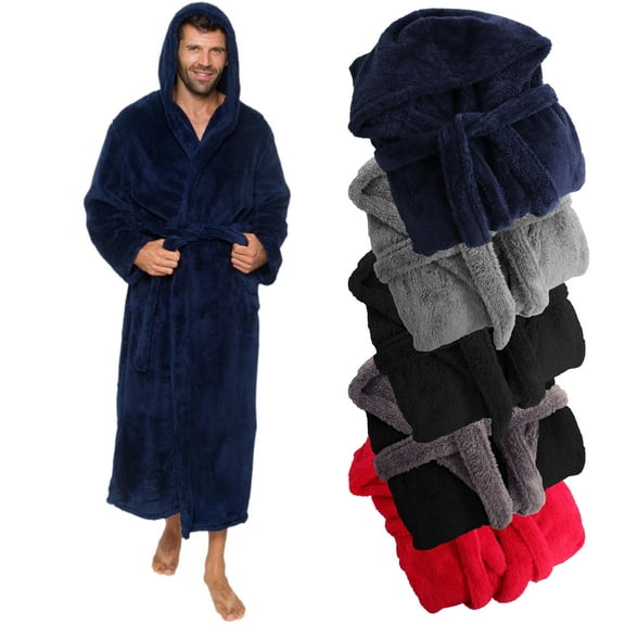 Ross Michaels Men's Big & Tall Robe with Hood, Full Length Long Plush Fleece Bathrobe - 2X Large/3X Large, Midnight Blue