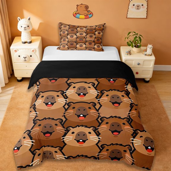 Erosebridal Cute Animal Capybara Twin Bedding For Capybara Lover,Cartoon Capybaras Duvet Cover Set For Girls Kids ,Reversible Black 2-Piece,No Comforter
