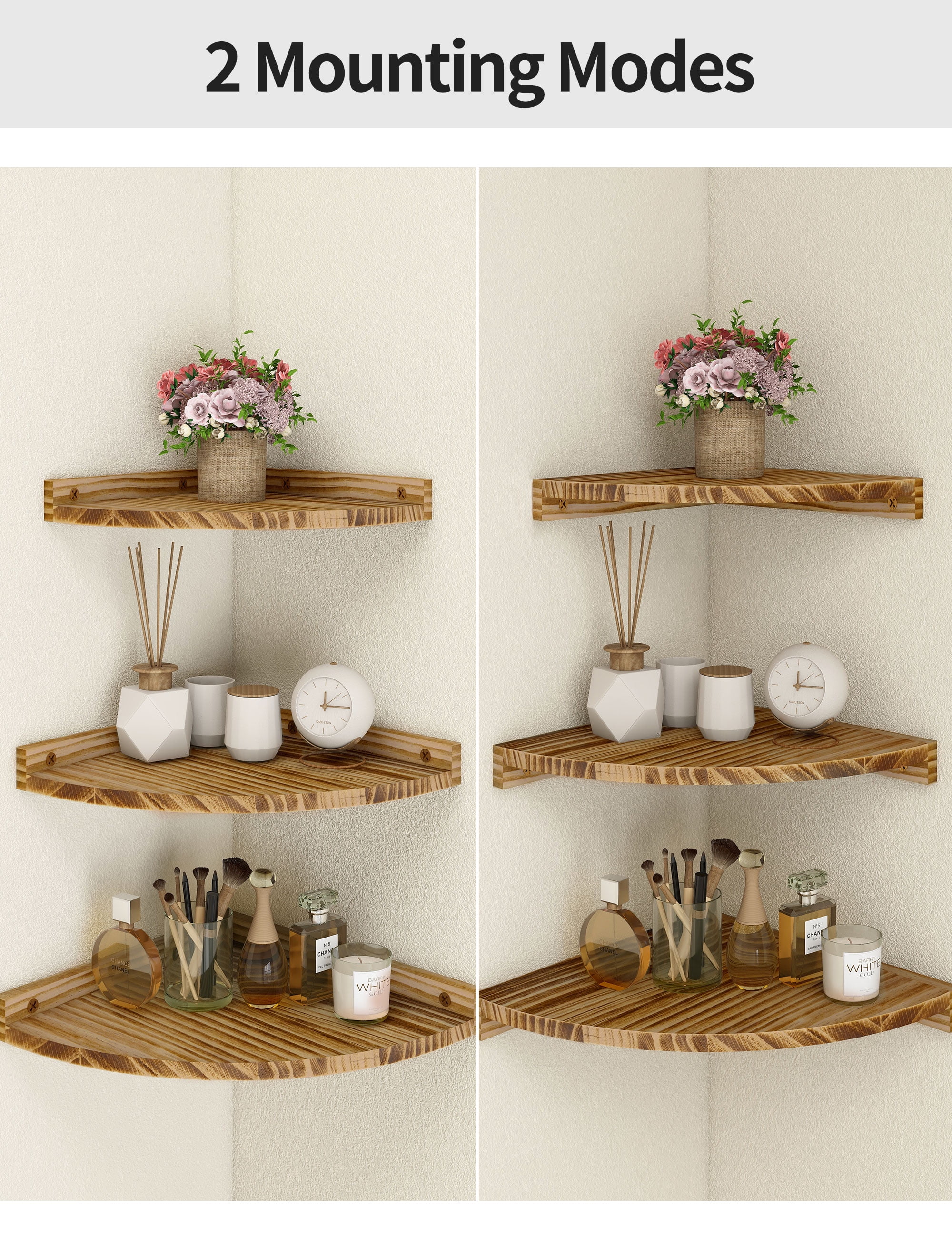 Afuly Floating Corner Shelves for Wall, Rustic Solid Brown Wood Wall Mounted Corner Shelf, 3 Set