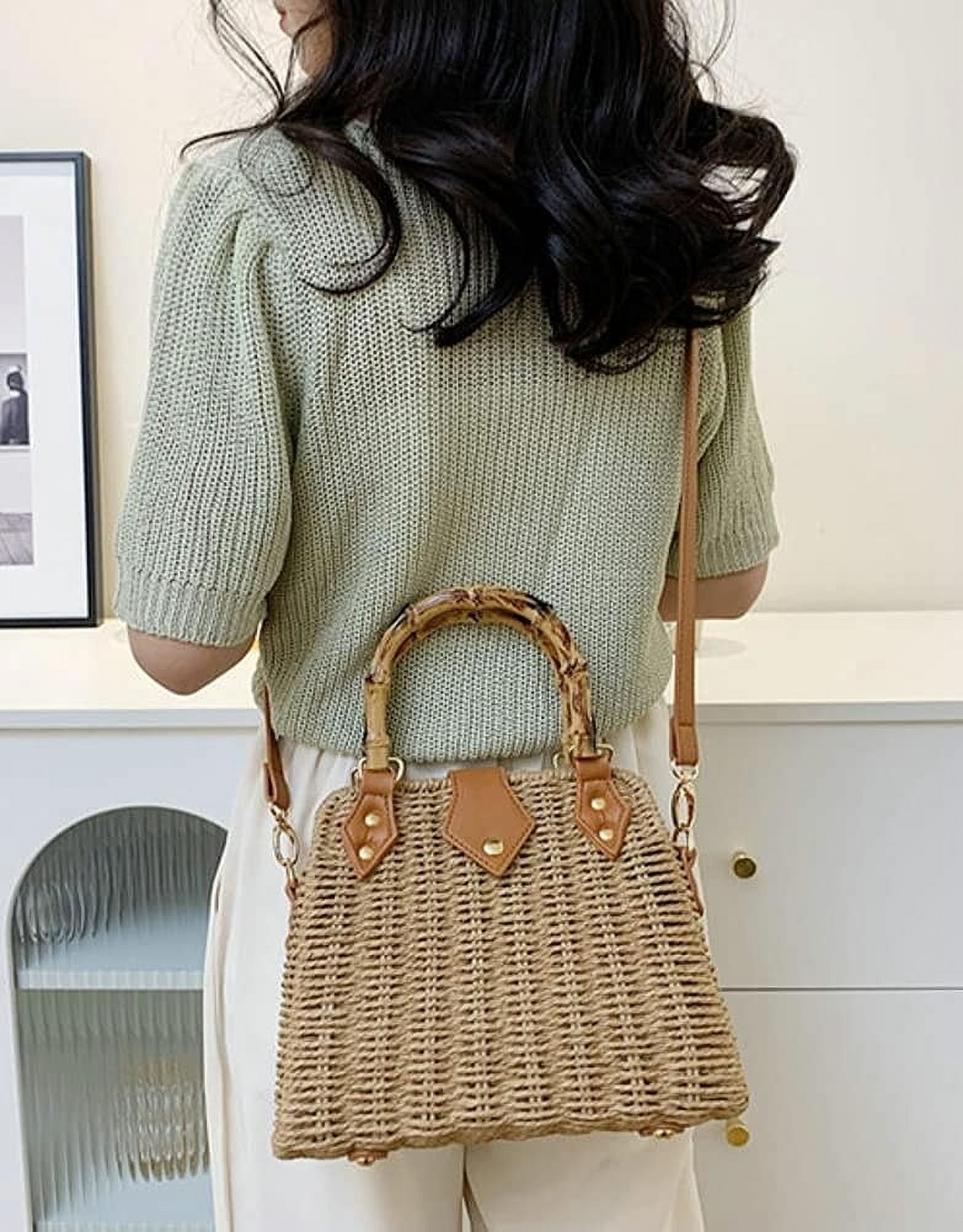 Kukuzhu Straw Tote Bag for Women Rattan Crossbody Handbags Woven Wicker Clutch Purse Imitation Bamboo Top Handle Shoulder Bag