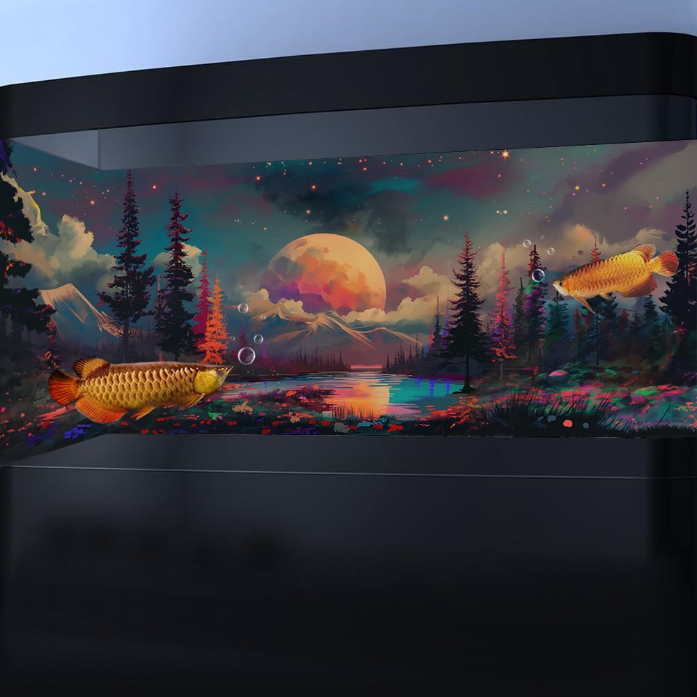 Colorful Planet Aquarium Background, Galaxy Space Tapestry Fantasy Forest Mountain Tank Decorations Background, Aesthetic Floral Plant Art Terrarium Background with 8 EVA Double-Sided Tape