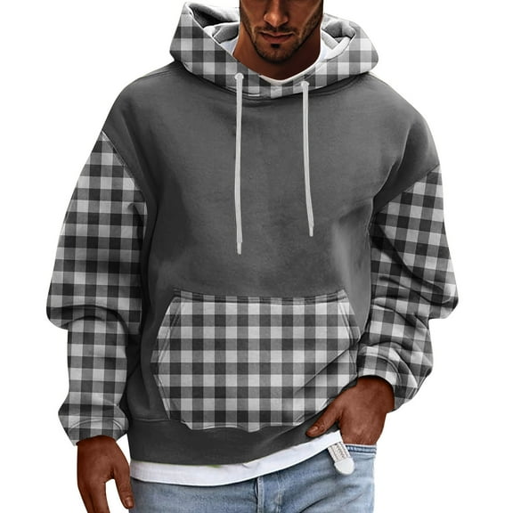 LWavelet Men’s Plaid Patchwork Pullover Hoodie Long Sleeve Drawstring Hooded Sweatshirt Casual Loose Fit Kangaroo Pocket Top
