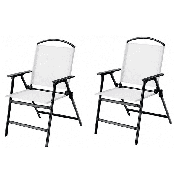 Bylring Outdoor Folding Patio Dining Sling Chairs Set of 2 with Armrest White Portable Patio Chairs for Lawn Garden Balcony Living Room Furniture