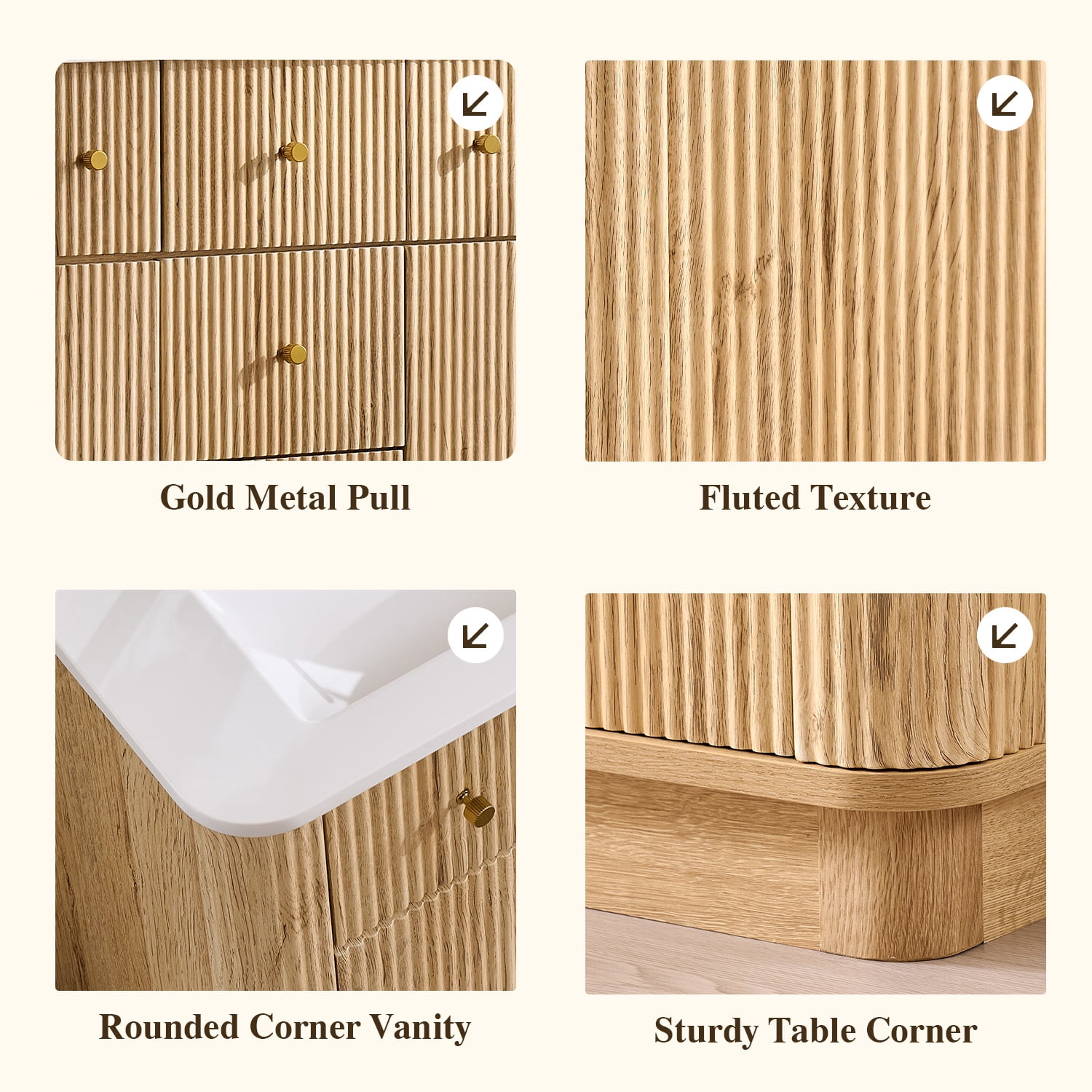 Keywhat 48" Bathroom Vanity with Sink, Modern Fluted Vanity with 2 Drawers & Storage Cabinet, Quick Assembly, Natural Oak