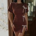 thumbnail image 4 of Women's Turtleneck Short Sleeve Lace-up Bowknot High-Split Mini Dress, Hips Wrapped, Solid Color, 4 of 20