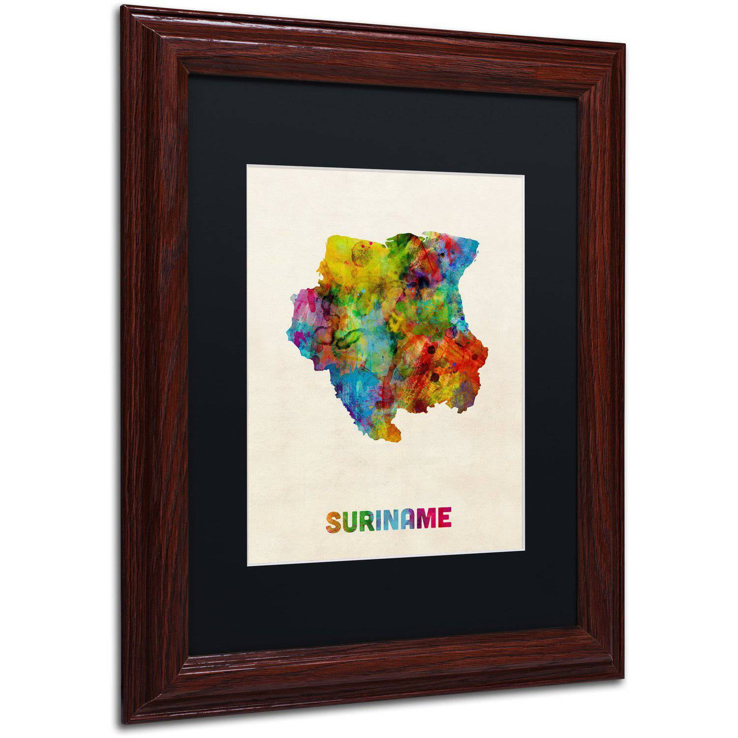 Trademark Fine Art "Suriname Watercolor Map" Canvas Art by Michael Tompsett Black Matte, Wood Frame