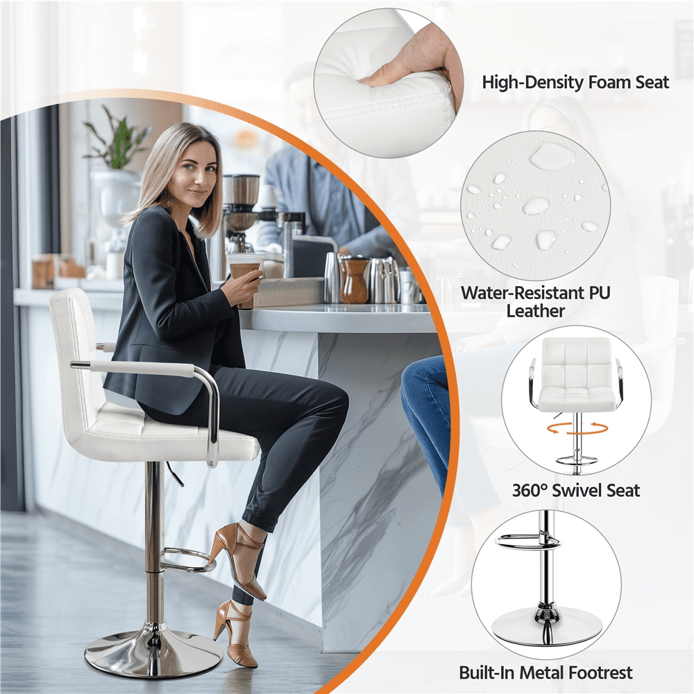 Alden Design Adjustable Swivel Bar Stools Modern Faux Leather Bar Chair Set of 2, White