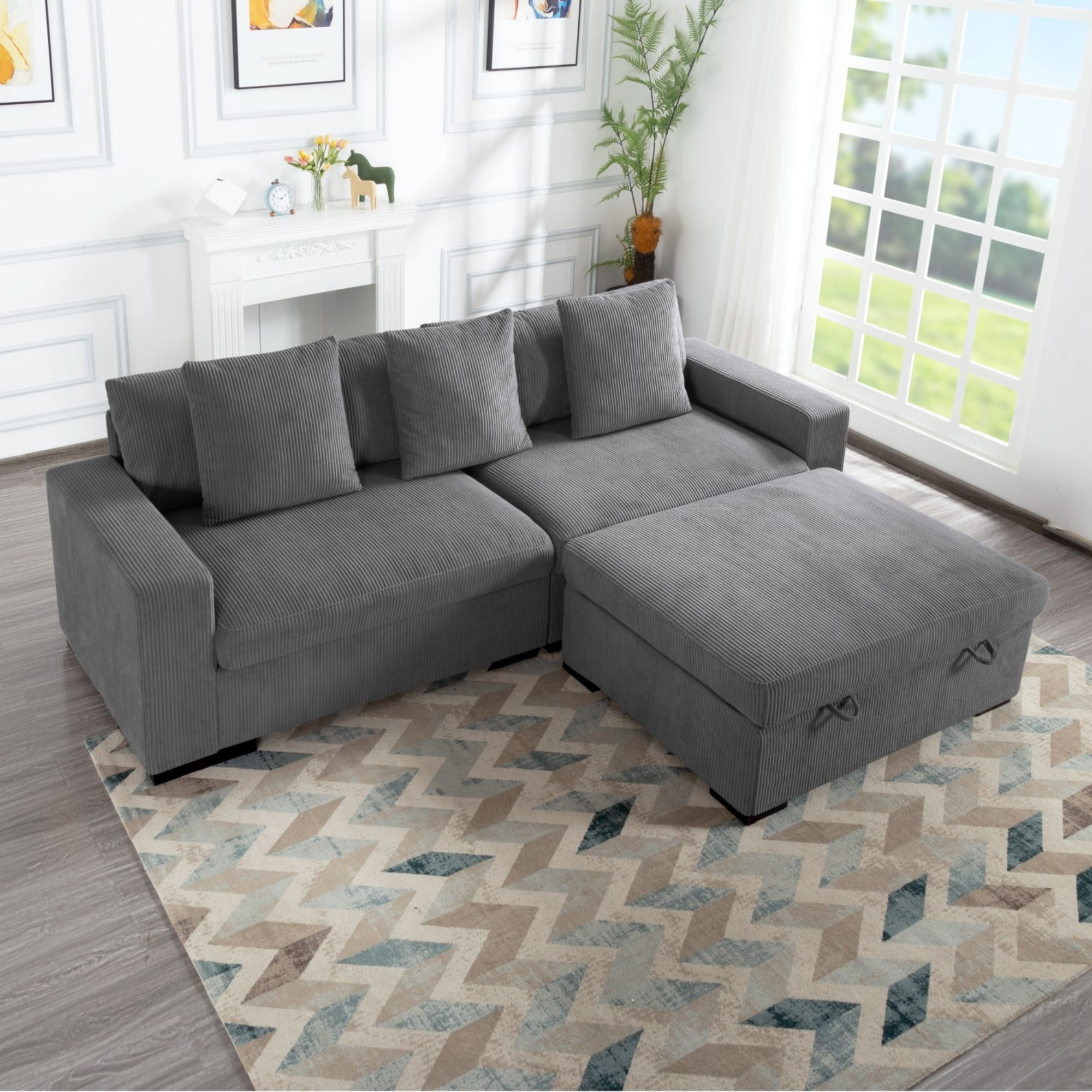 Gewnee 103.5-Inch Modular Corduroy Sofa Set with Solid Wood Legs, High-Density Foam, Suitable for Living Room/Bedroom/Office