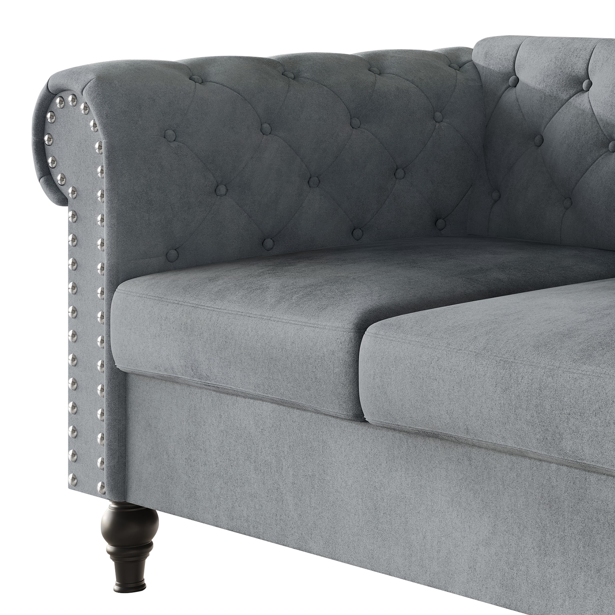 Home Design Kelso Velvet Rolled Arm Sofa with Deep Button Tufting, Nailhead Trim and Turned Legs, Gray