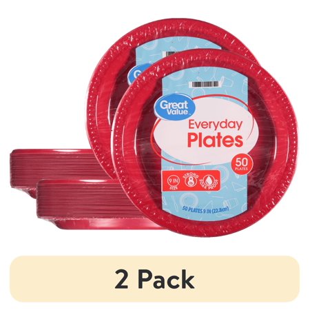 (2 pack) Great Value Everyday Disposable Plastic Plates, Red, 9", 50 Count