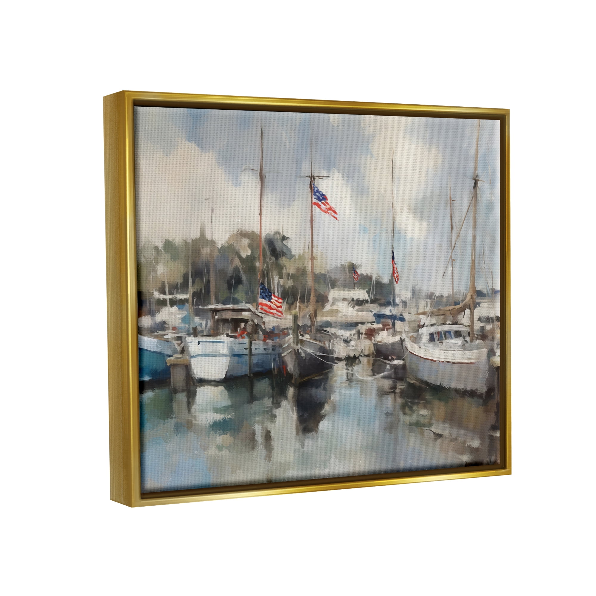 Stupell Industries Boats with American Flags Transportation Painting Gold Floater Framed Canvas Art Print Wall Art, 31 x 25