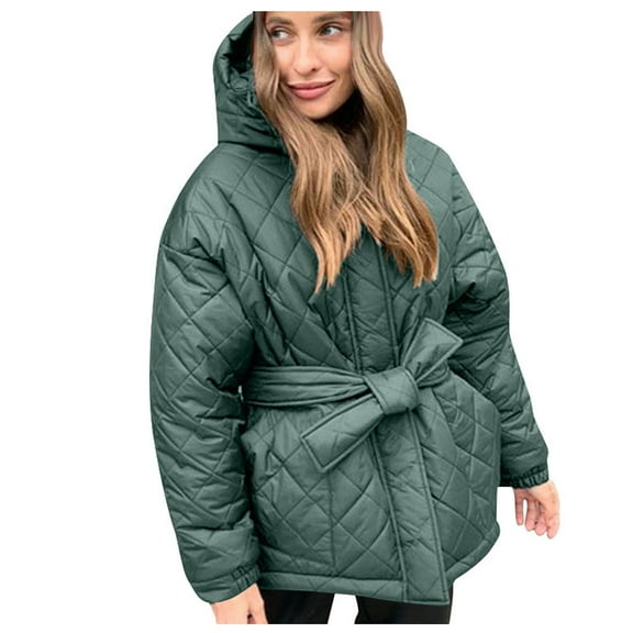 XFLWAM Women Winter Warm Zipper Jacket Coat Hooded Outwear with Belted Green XS