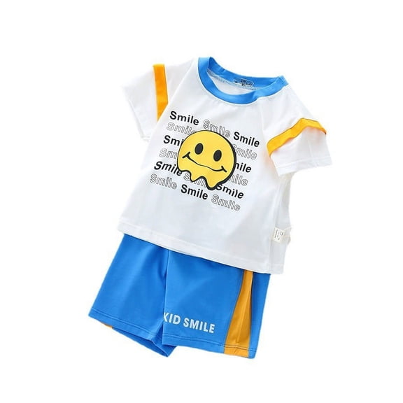 Summer Boys' New Letter Smiling Face Short Sleeve Set Summer Men's Treasure Round Neck T-shirt Casual Shorts Two Piece Set