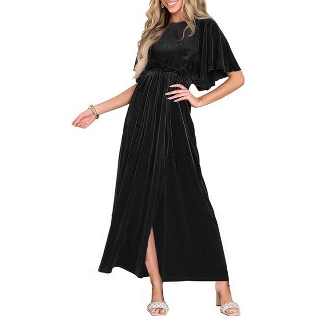 Jusqu'à 60 % de Rabais, Robe en Velours Unie pour Femme à Manches Courtes et Col Rond, Robe en Velours, Robe à Manches Courtes, Robe à Col Rond Confort au Quotidien/100 % Polyester, Noir, Sopatenor
