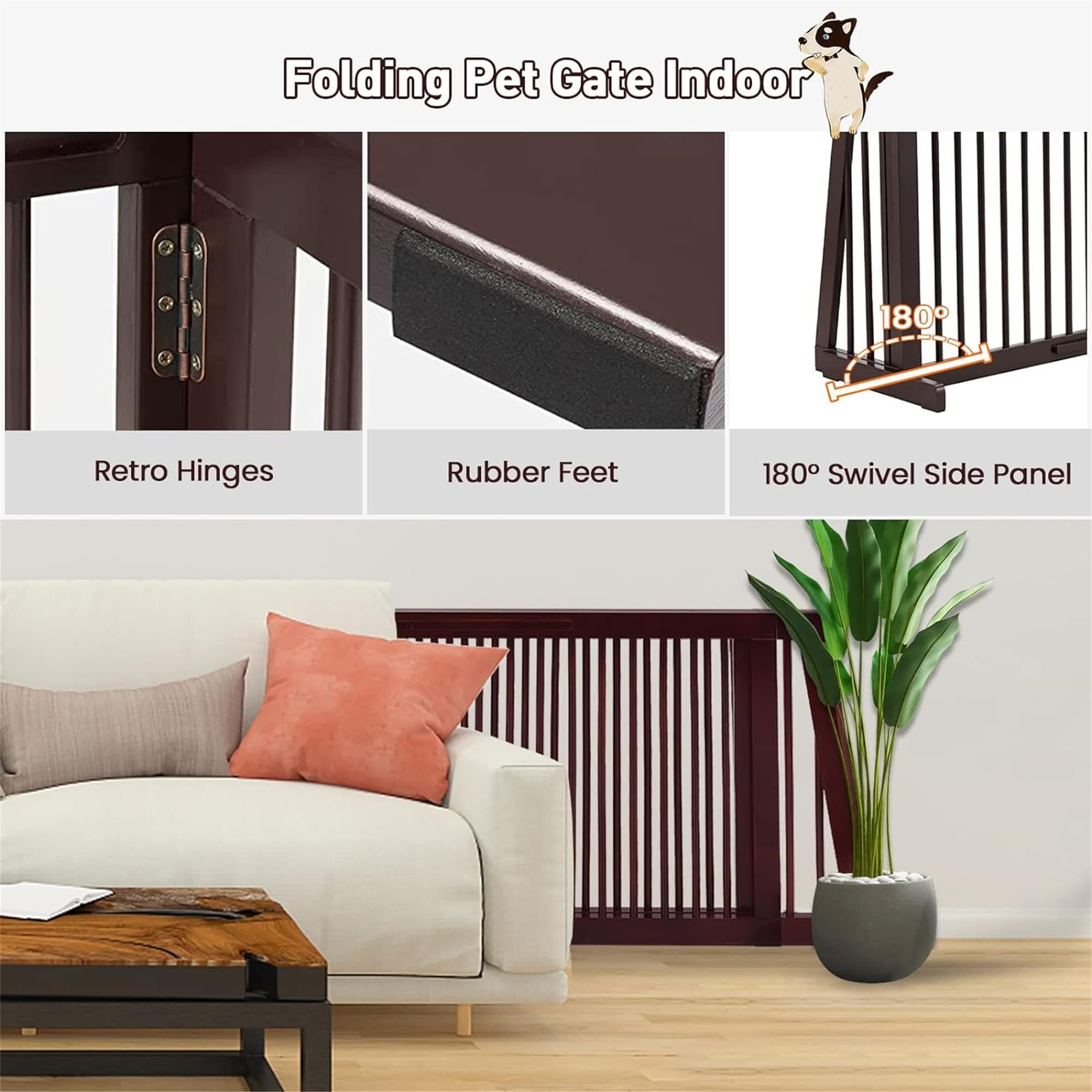 Pefilos 20"-80" Adjustable Wooden Dog Fence Indoor, Freestanding Pet Gates for Dogs, Step Over Dog Gate Extra Wide for House, Doorways, Stairs, Brown