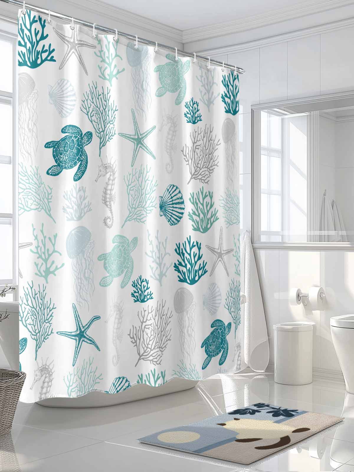 Turquoise Coastal Waterproof Fabric Shower Curtain, Nautical Summer Beach Coral Sea Turtle Shower Curtain for Bathroom Curtains Bathtubs Hotel Washable Shower Curtains with 12 Hooks Stall 48x72in