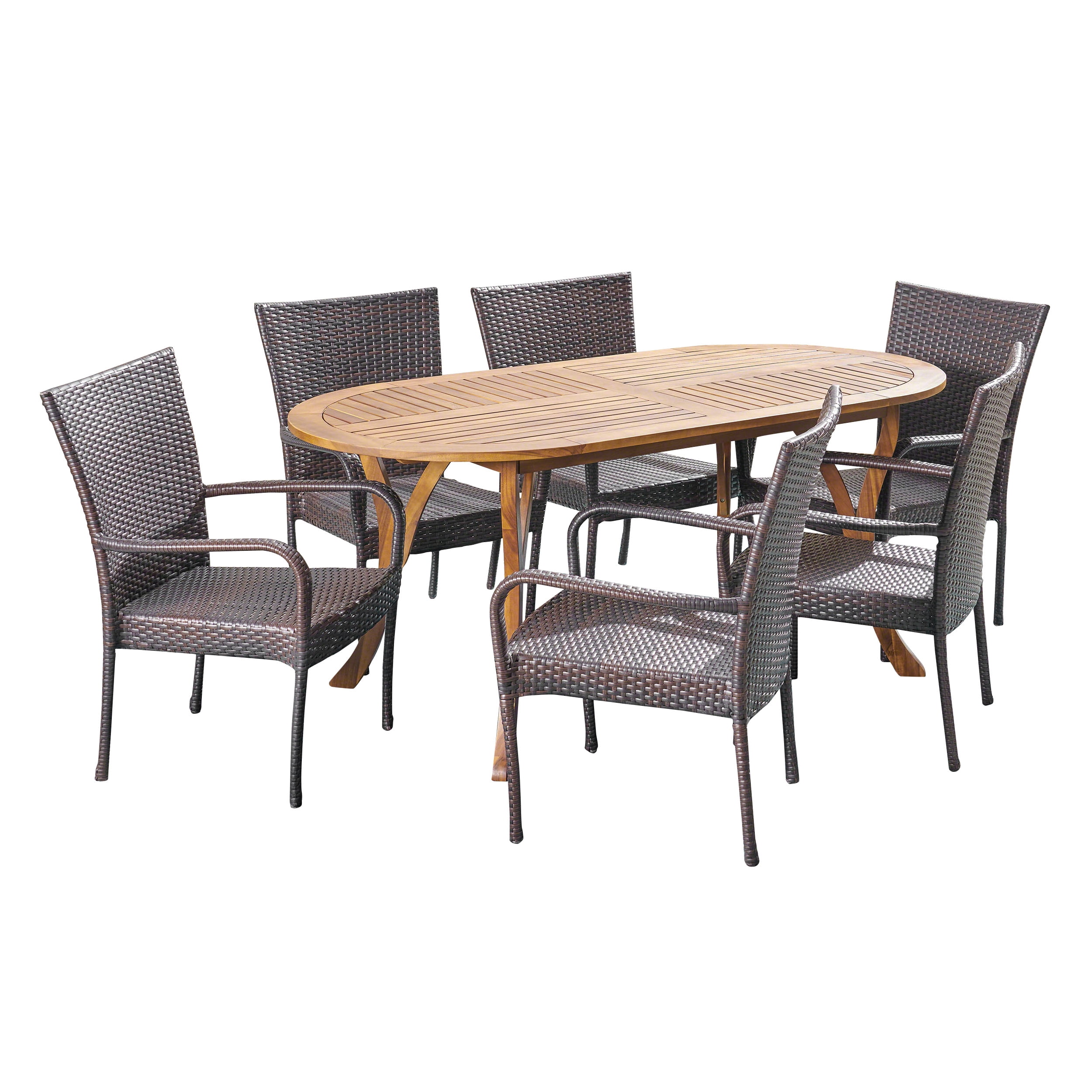 Coraline Outdoor 7 Piece Acacia Wood and Wicker Dining Set, Teak, Multi Brown
