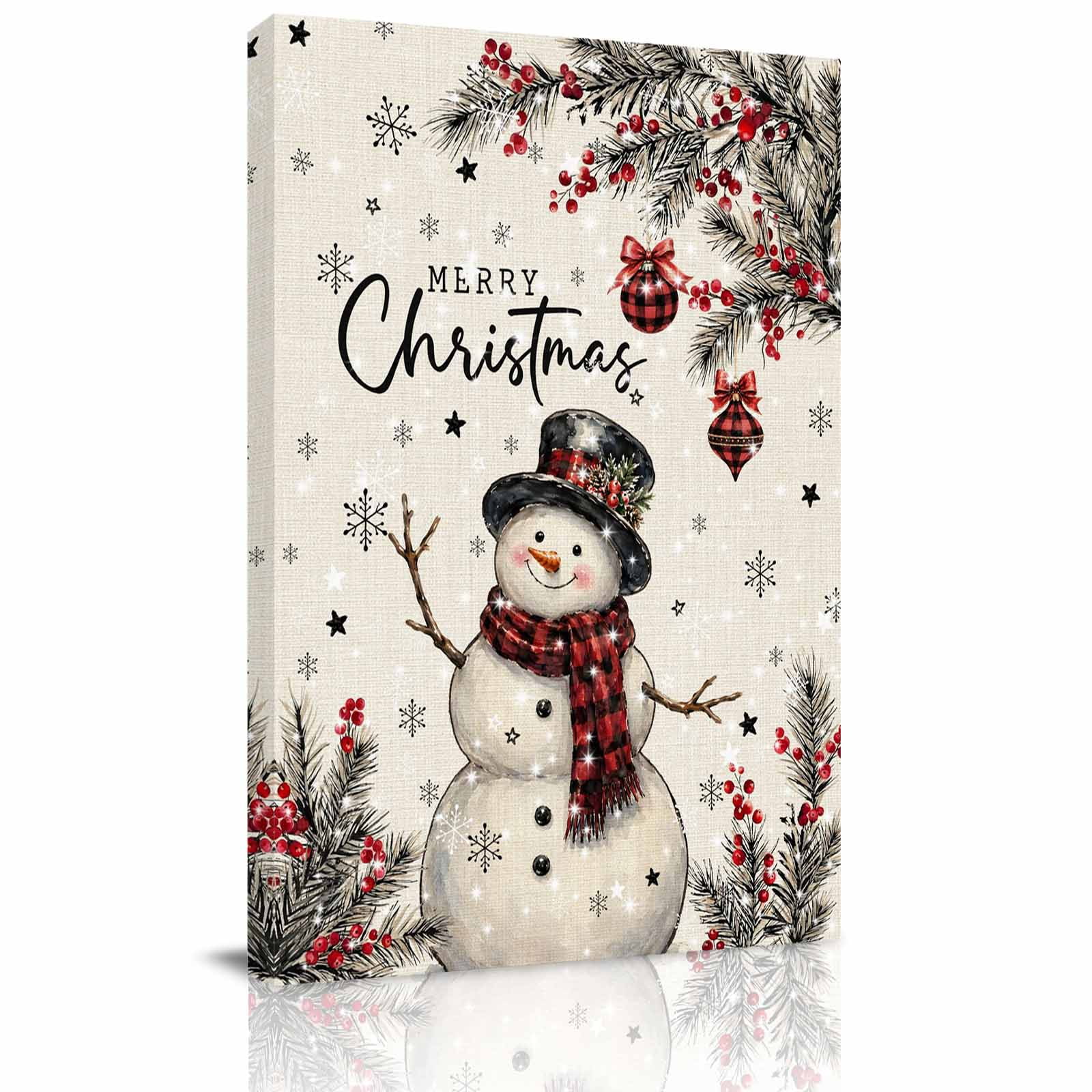 Canvas Wall Art Christmas Snowman Framed Canvas Prints for Bathroom Hallway Rustic Xmas Pine Needles Balls Snowflake Small Gallery Wrapped Wall Decor for Home Office Gifts 8 x10 Ship Next Day