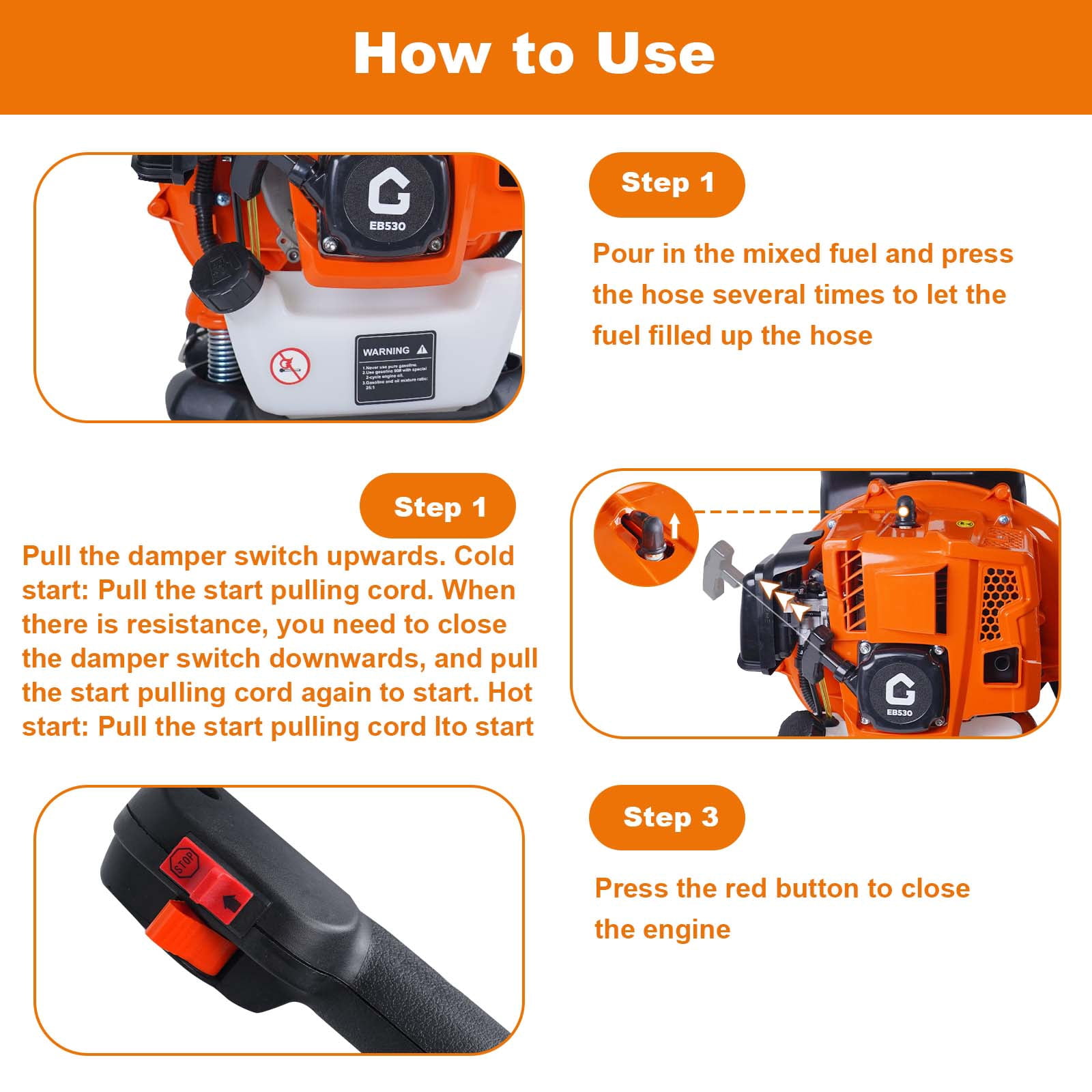 Wildbreak Gas Leaf Blower with Backpack, 52 CC, 2.2 HP, 780 CFM, 270 mph, Orange