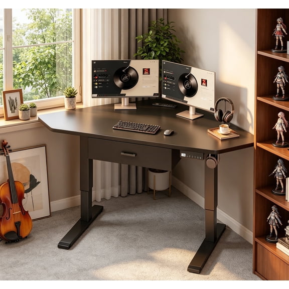 Corner Standing Desk, 32'' Small Height Adjustable Electric Computer Desk with Drawer for Gaming, Small Space, Stand up Home Office Writing Desk, Small Gaming Table, Black