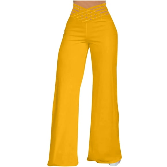LLYwey on Sale Clearance Cargo Pants Women High Waisted Flare Leggings for Ladies High Waisted Commutingworkout Bell Bottom Hollow Out Pants New Full Length Pants Trousers Regular Fitted Yellow L