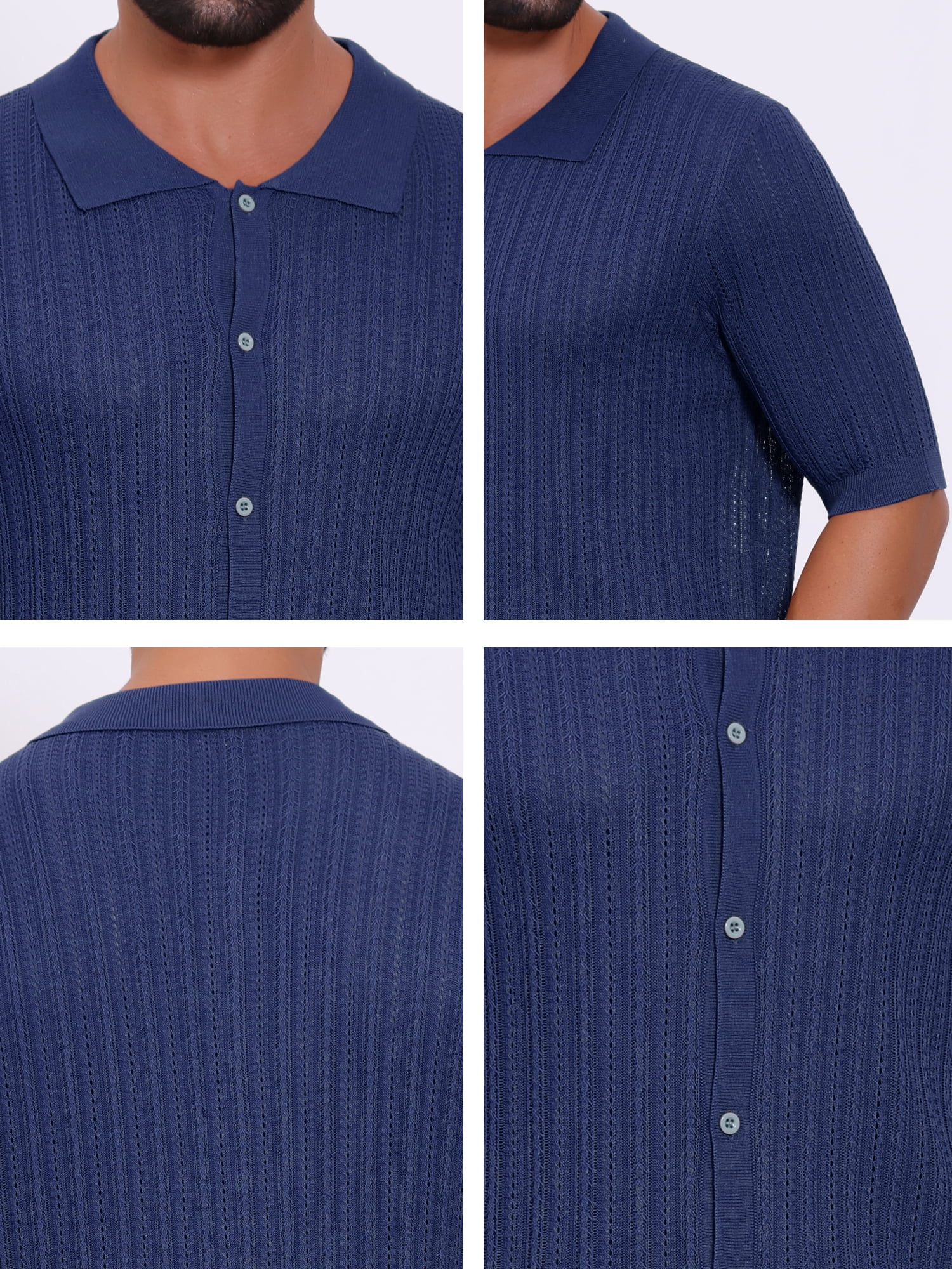 DARING DIVA Men's Striped Summer Short Sleeve Knitted See Through Shirts S Dark Blue