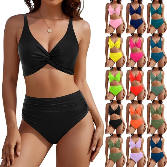 Minjewel Women's Casual Two-Piece Bikini Set, High Waist Bottom & Floral Print Crop Top, Swimsuits for Women for Beach, Pool & Summer,Army Green L
