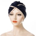 thumbnail image 4 of Women Stitched Forehead Two Color Muslim Hijab Twisted Turban Hat Indian Hats NAVY BLUE, 4 of 8