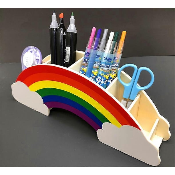 Wooden Pen and Pencil Holder - Rainbow Wooden Pen Holder Phone Holder Desk Organizer for Office Supplies Makeup Brush Classroom Organization for Women