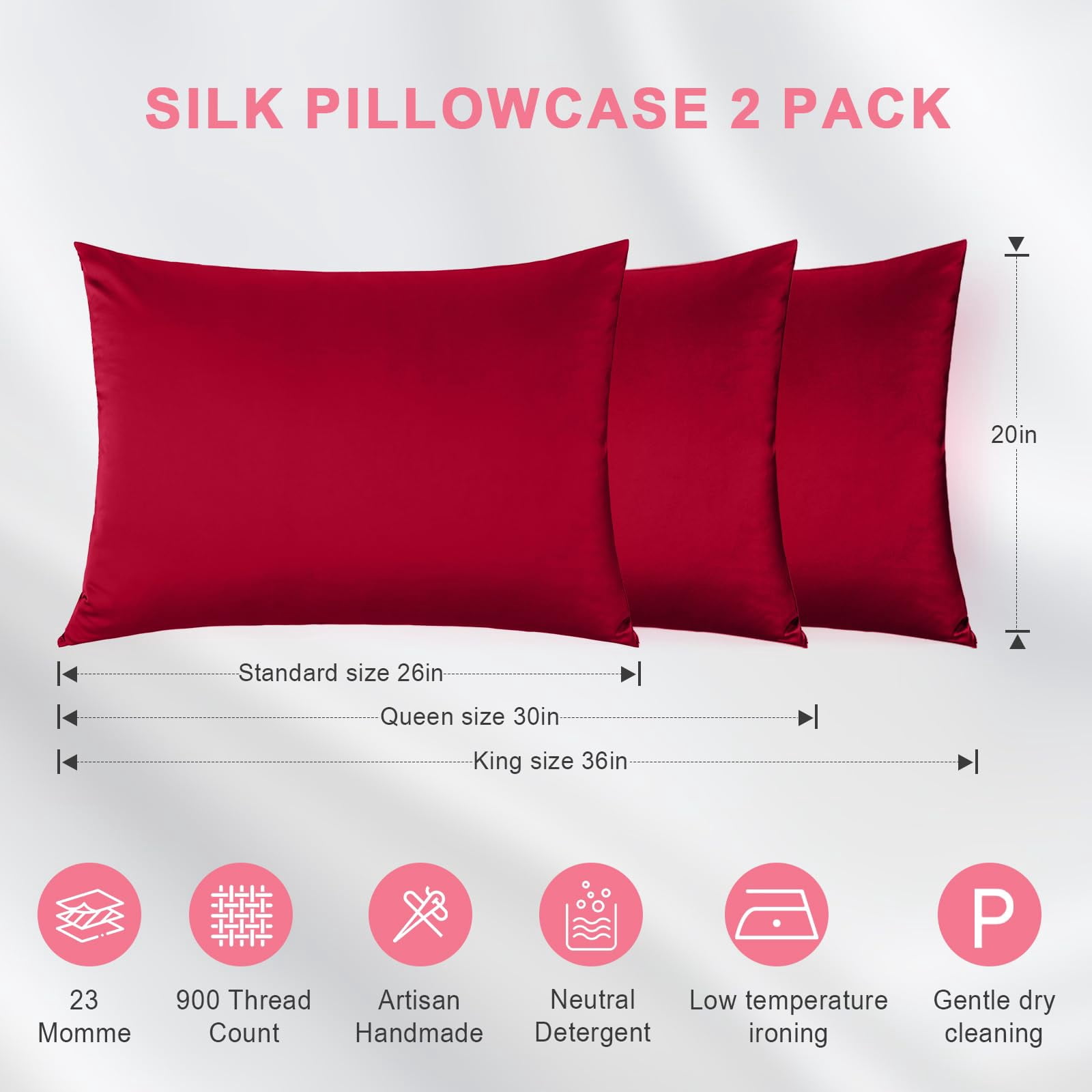 Silk Pillowcase 2 Pack For Hair And Skin  Both Sides 23 Momme Grade 6a+ Mulberry Pillowcases With Zipper Soft&smooth Pillow Cases (red Standard 20*26)