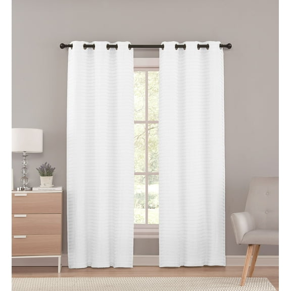White Sheer Grommet Window Curtain Panel Pair with Pleated Stripe Design, 76in X 96in