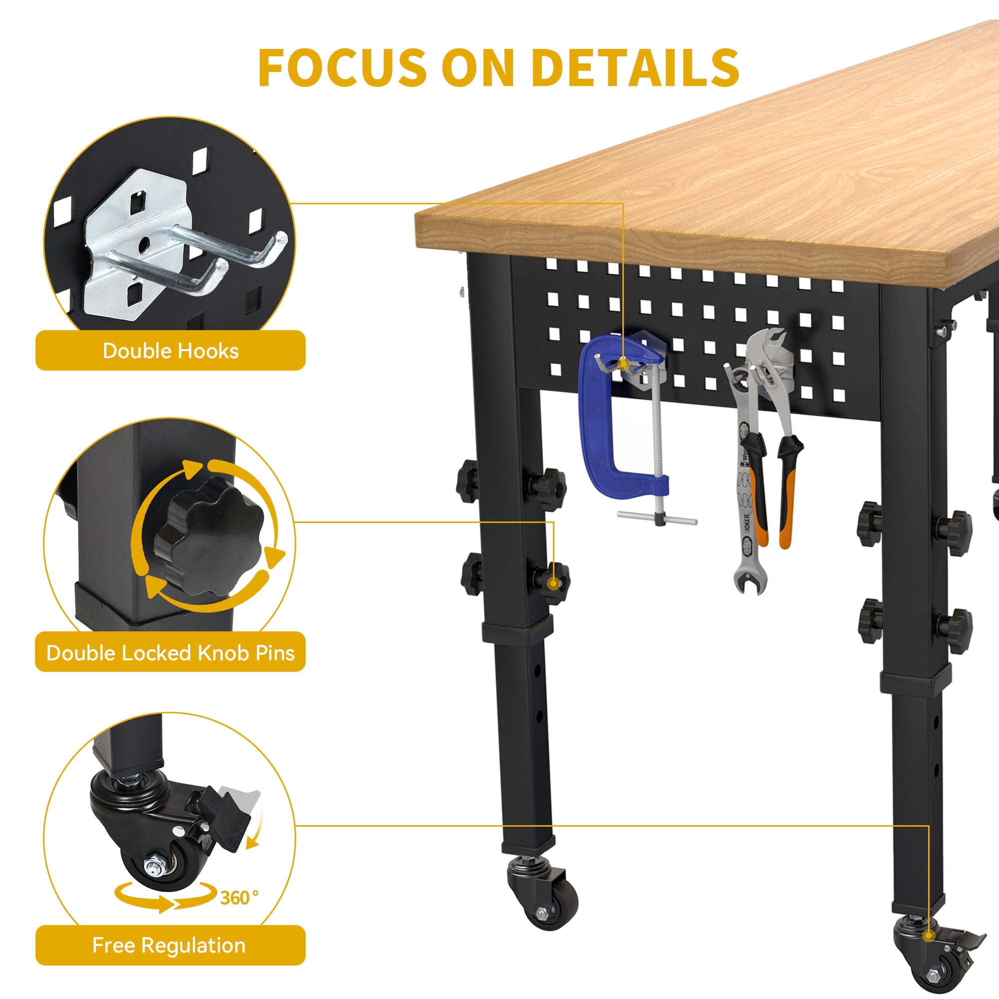 Uforic Work Bench 60" L X 24" W Adjustable Workbench for Garage W/Pegboard & Power Outlets Hardwood Top Heavy-Duty Workstation, 1600 LBS Load Capacity with Wheels for Workshop, Office, Home Outdoor